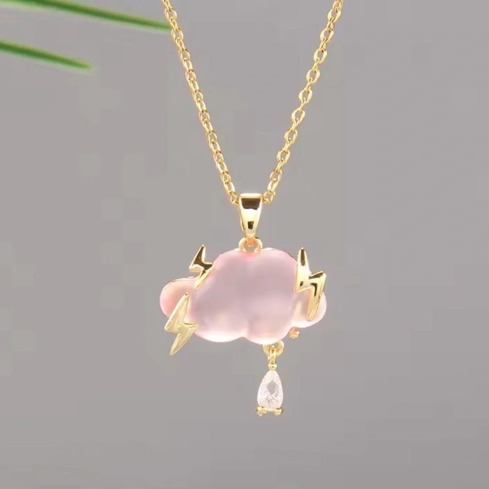 18K Gold Pink Opalescent Cloud Lightning Bolts Diamond Rain Drop Necklace - Picture 3 of 7
